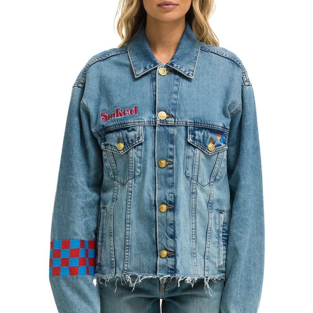 Aviator Nation Blue Denim Jacket with Yellow Smiley and Red Accents - Picture 2 of 5